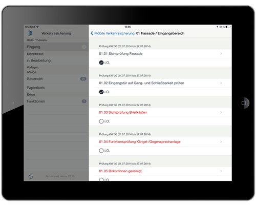 In der easysquare mobile App erhält der Verantwortliche Prüfprotokolle für zu begehende Objekte mit den fälligen Prüfaufgaben. Mobiles Formular für die Erfassung von Prüfergebnissen im Rahmen der Verkehrssicherung in der easysquare mobile App