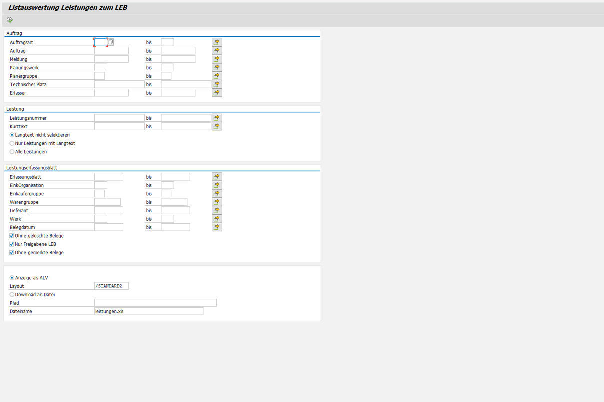 Selektionsbild Auswertung Leistungen in der SAP Leistungserfassung