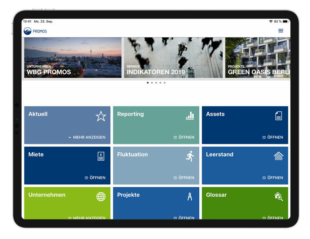 Der Einstieg in den Reporting-Dienst erfolgt bequem per Fingertipp auf die entsprechende Kachel. In der Kachelansicht von easysquare kann der Reporting Dienst ausgewählt werden.
